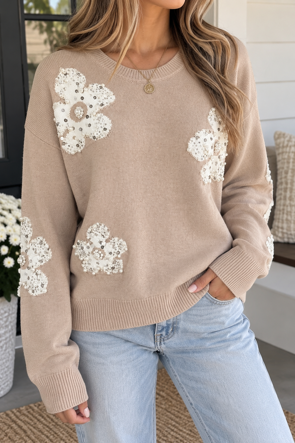 Beaded Floral Sweater