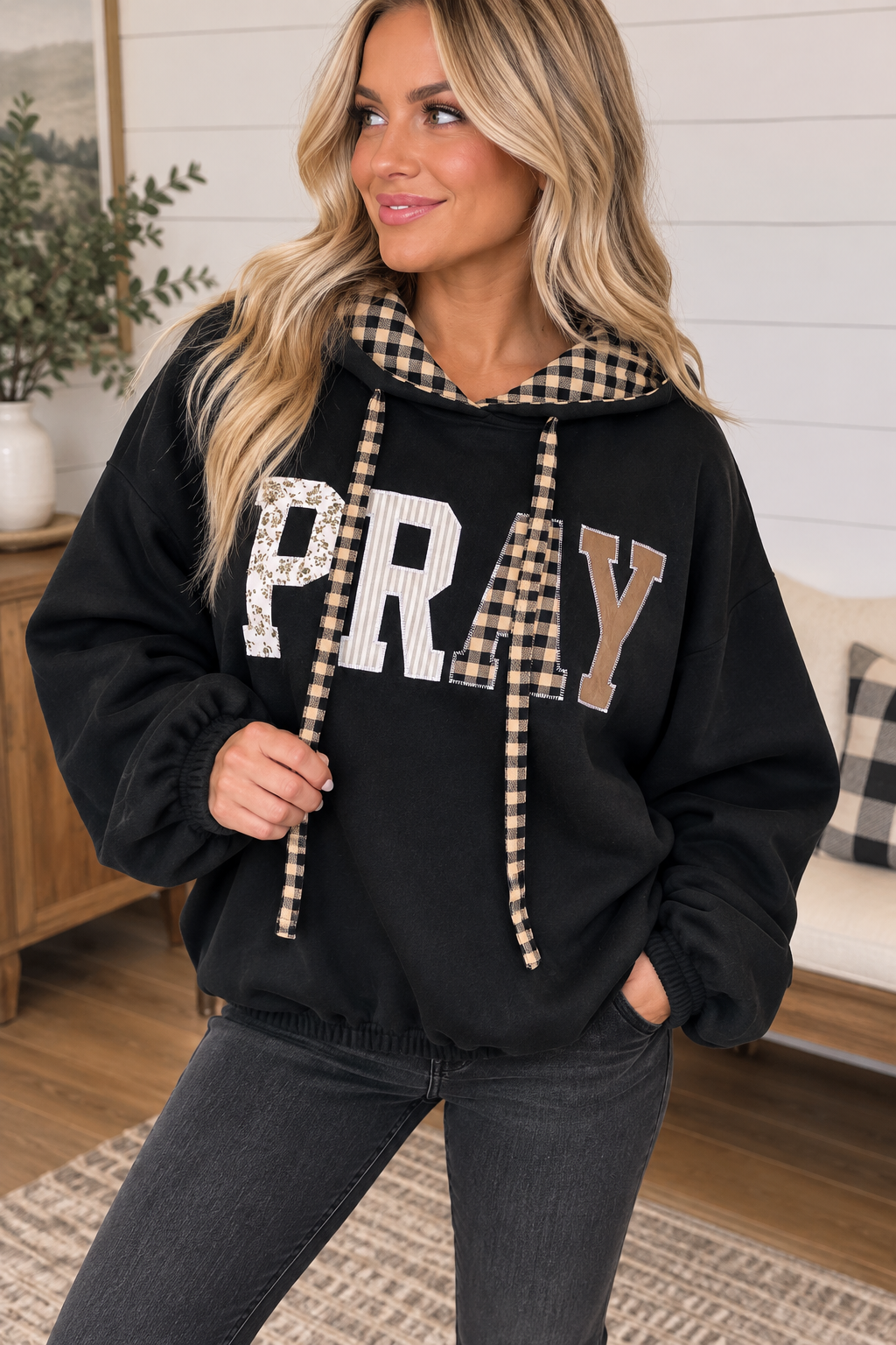 Black Pray Plaid Drawstring Hoodie