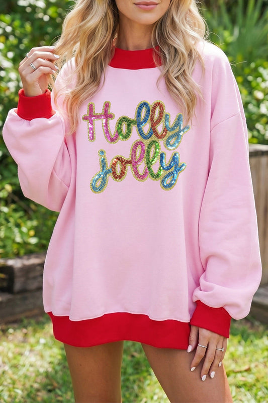 Pink Holly jolly Sequin Sweatshirt